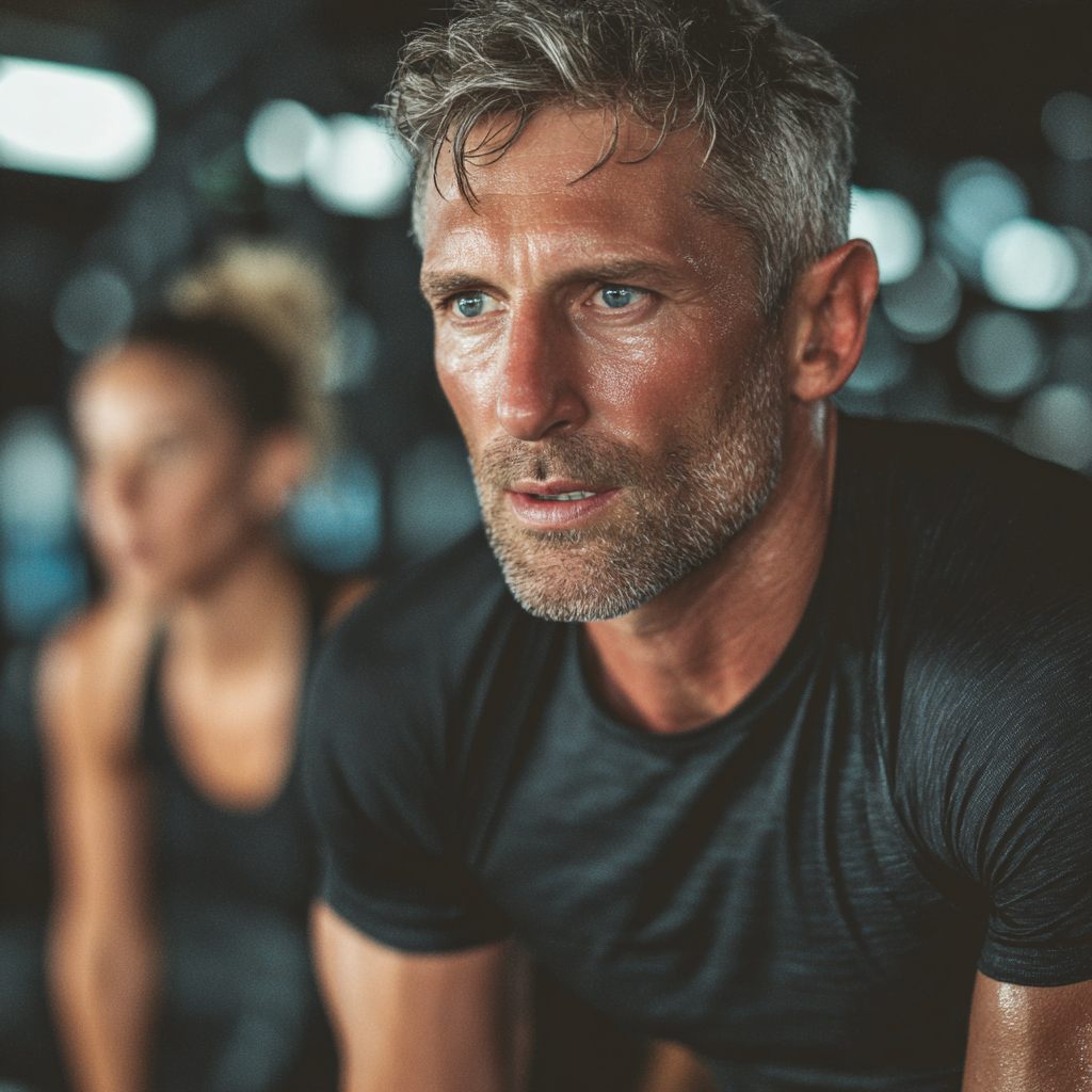 Active middle-aged person training with determination and focus in modern gym setting