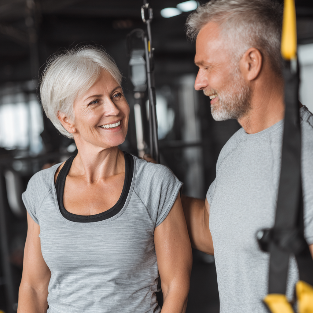 Experienced trainer helping mature adults achieve their fitness goals in supportive environment
